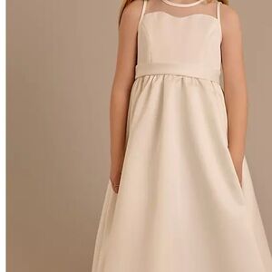Satin flower girl dress. Ivory. Illusion neckline